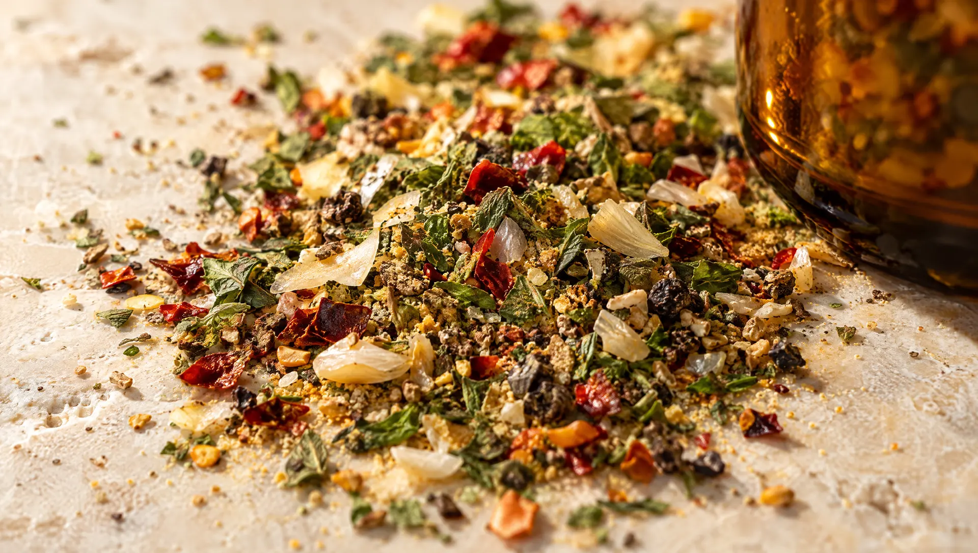 Close-up of a spice blend with herb flakes, garlic pieces and chili flakes