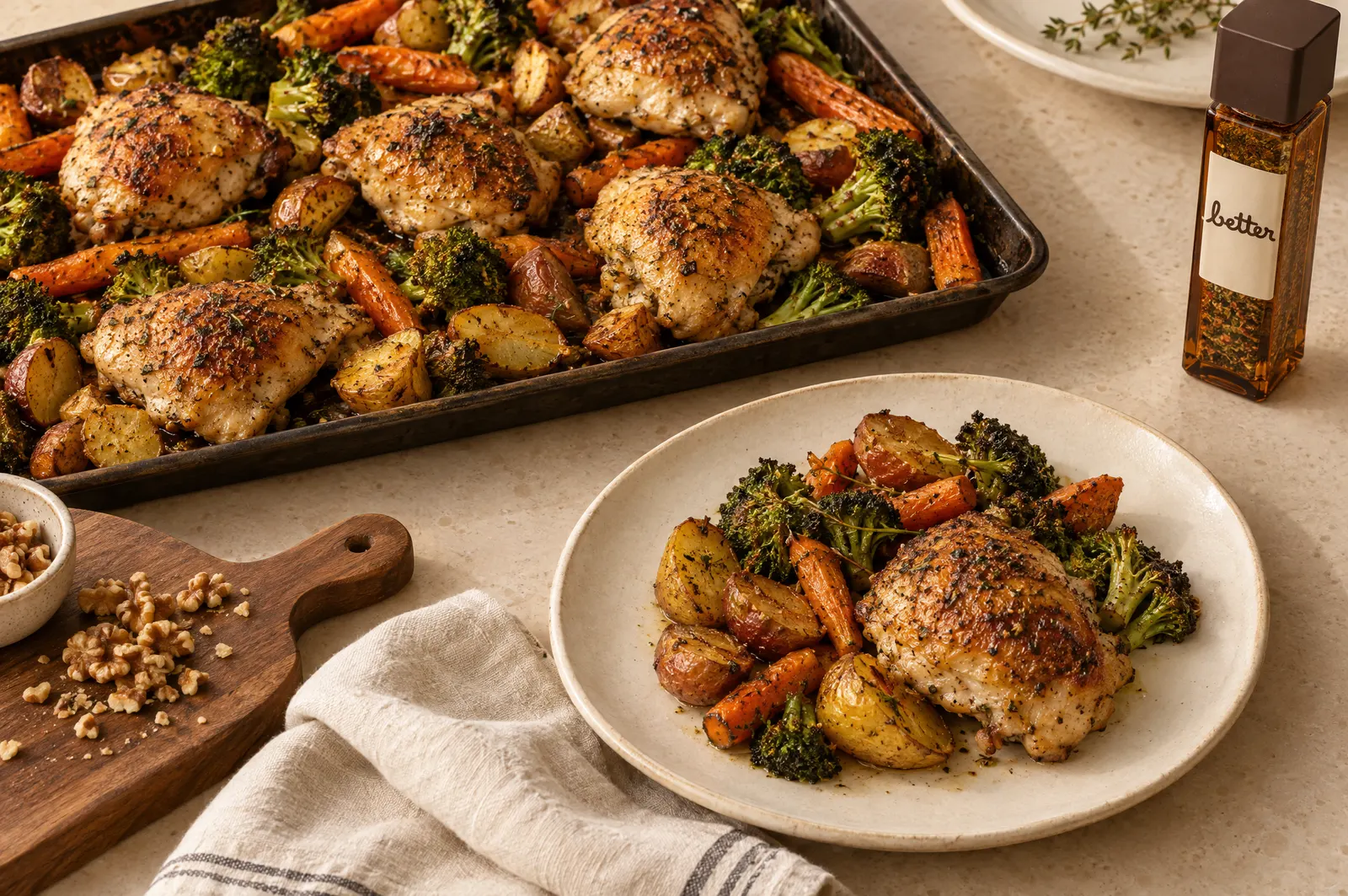Sheet pan of roast chicken thighs with potatoes, carrots and broccoli