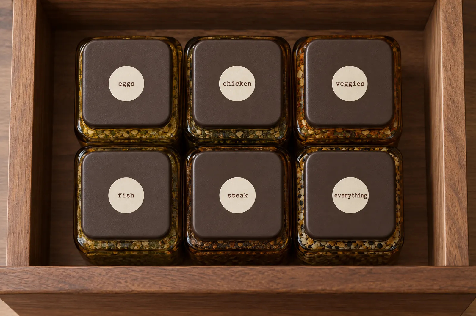 Six square spice jars from above in a walnut drawer, lids labeled with each blend