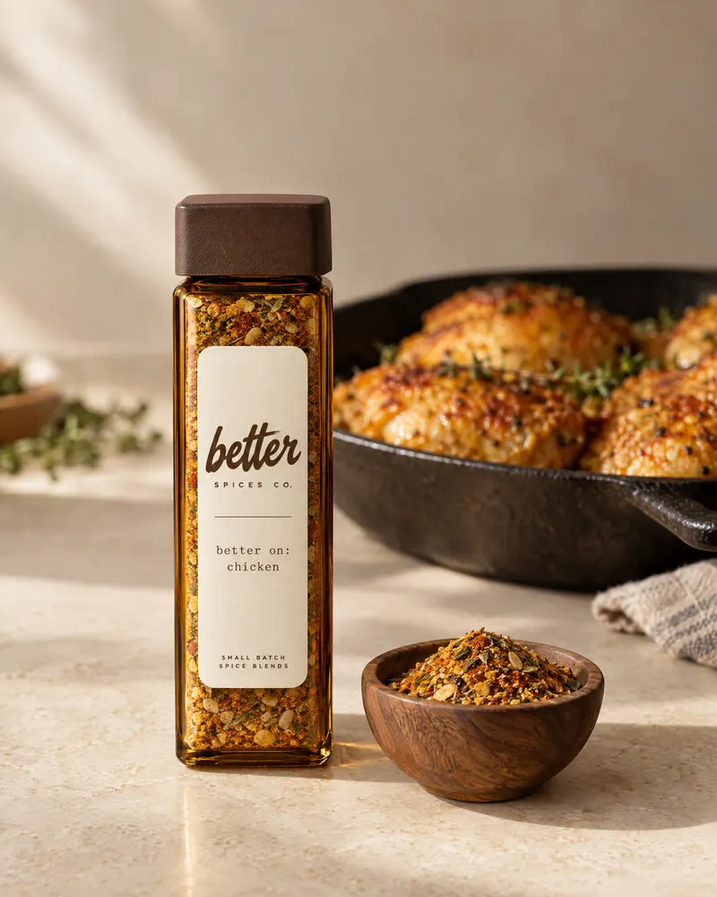better on chicken spice blend in an amber glass jar