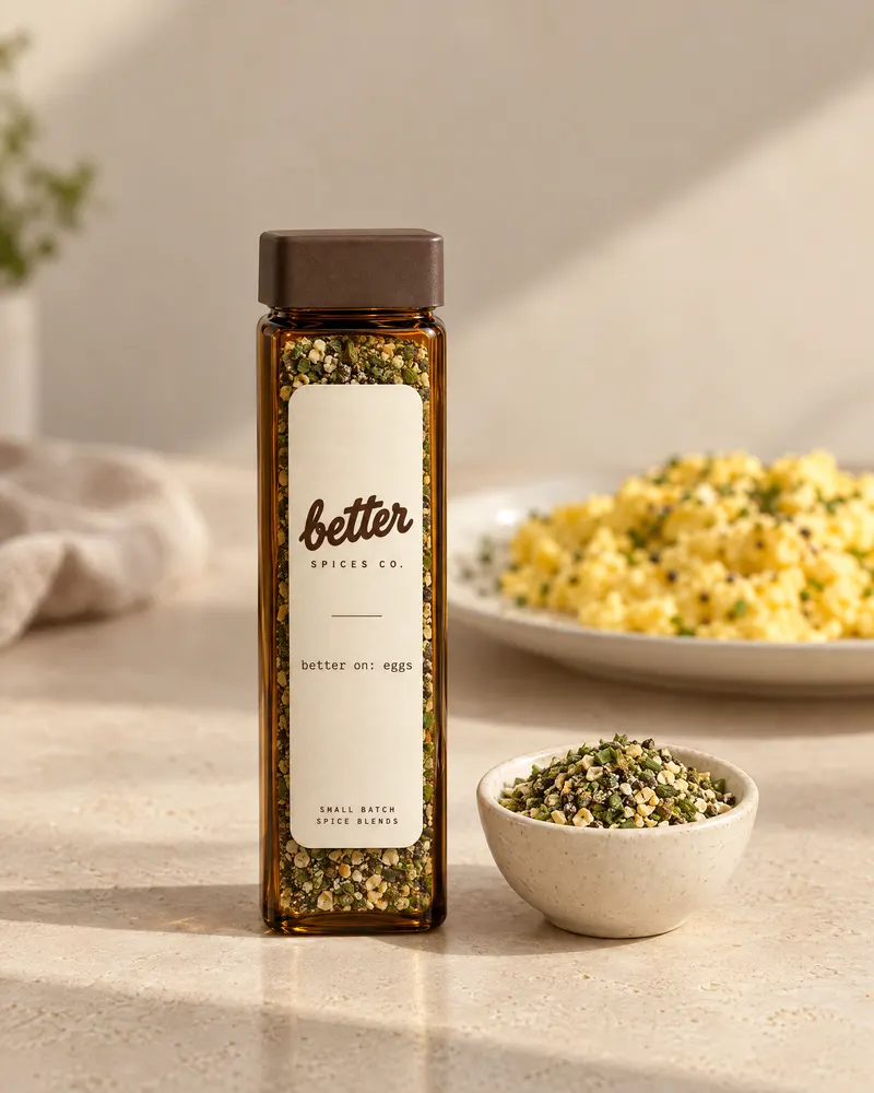 better on eggs spice blend in an amber glass jar