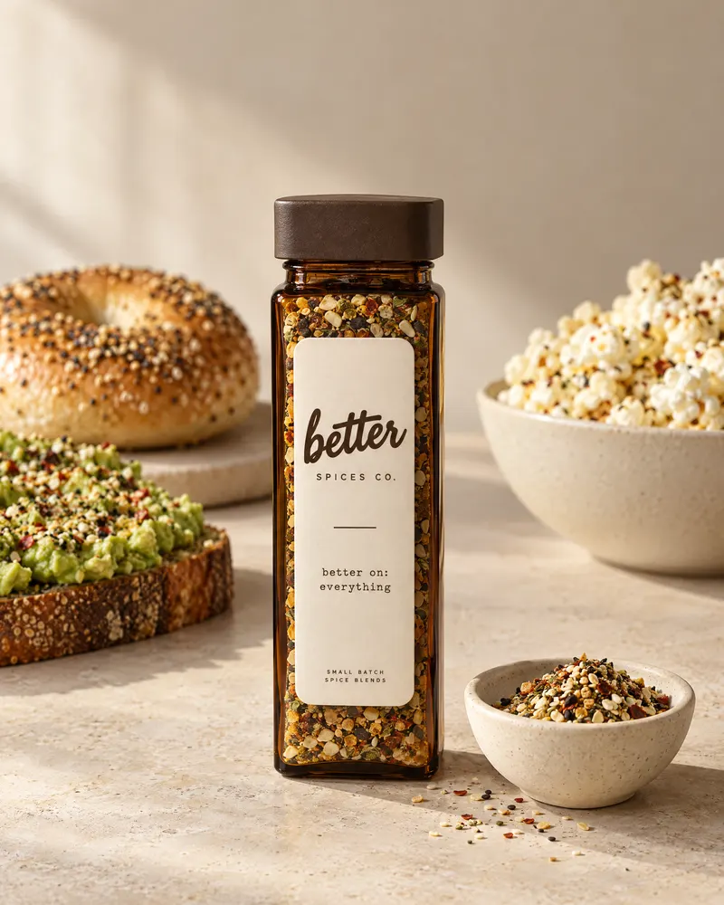 better on everything spice blend in an amber glass jar