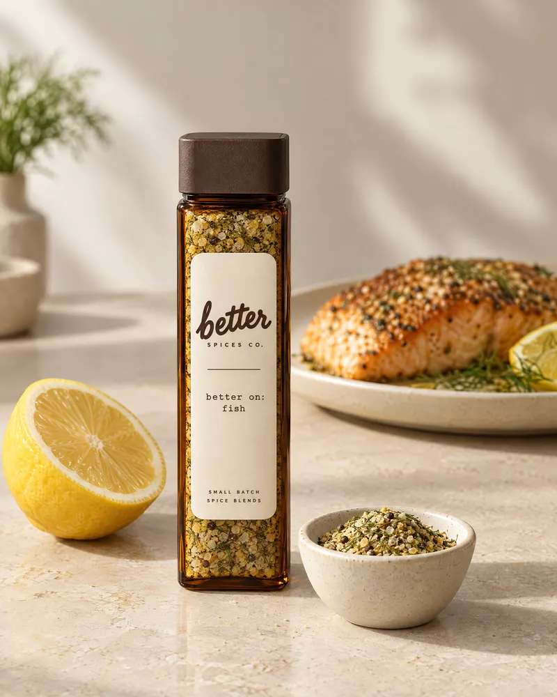 better on fish spice blend in an amber glass jar