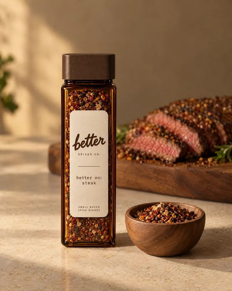 better on steak spice blend in an amber glass jar