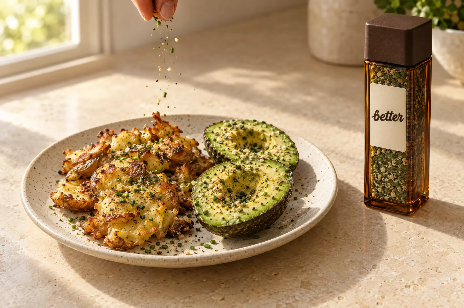 Crispy smashed potatoes and avocado with a green seasoning